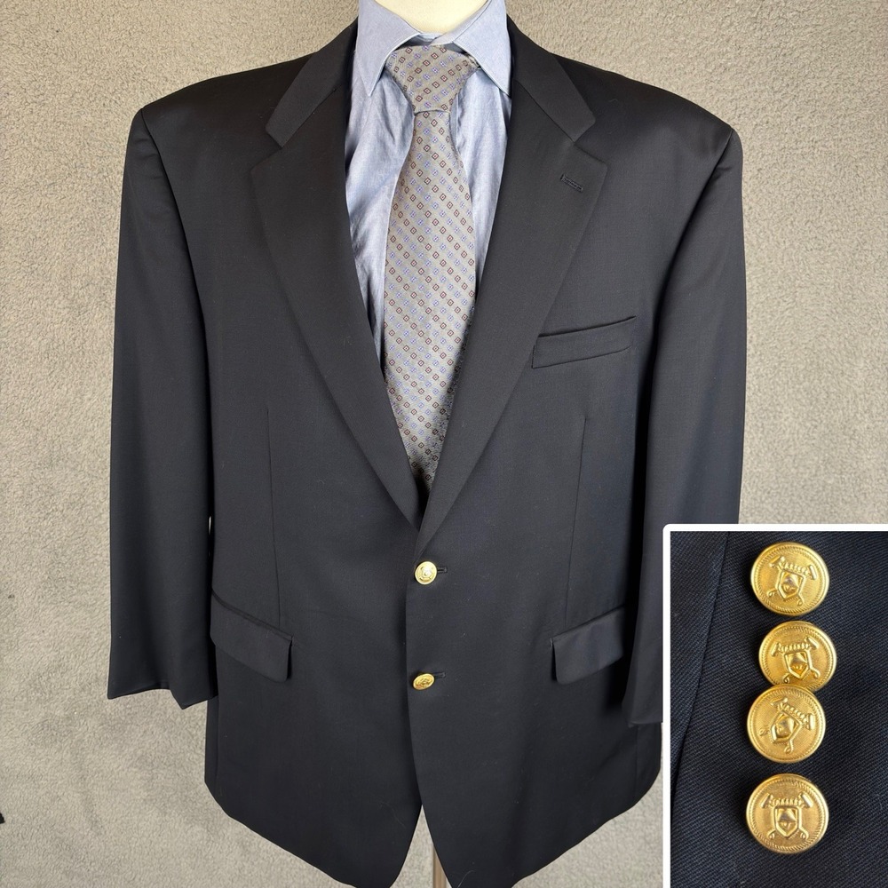 Chaps Ralph Lauren Blazer Sport Coat Men 48R Navy Blue Gold Buttons 100% Wool